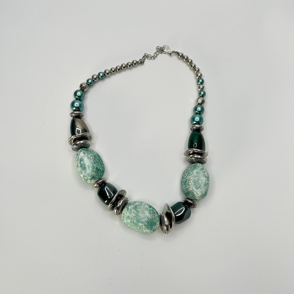 Chunky Green Stone Look Beaded Statement Necklace Silver Tone Teal Pearl 19 Inch